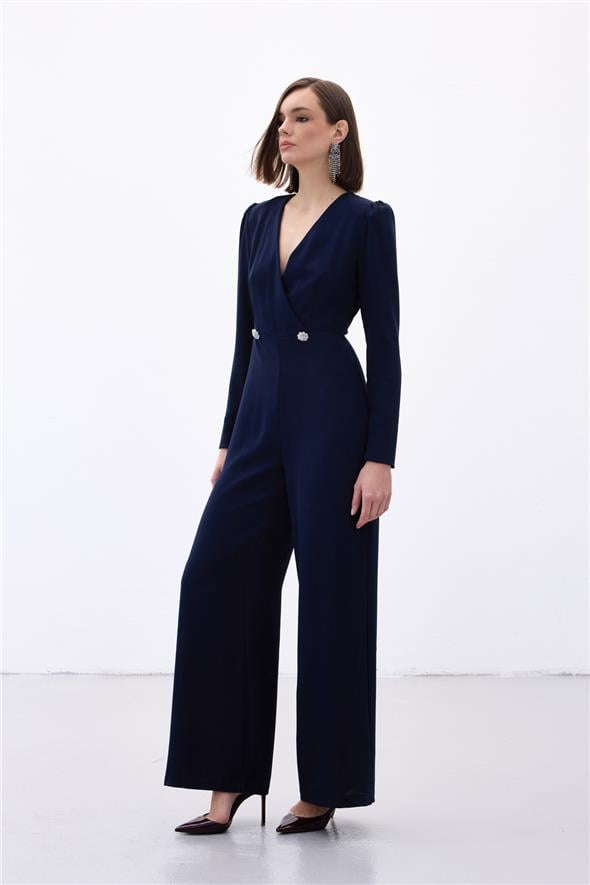 Kruvaze Süs Taşlı Krep Tulum - LACİVERT