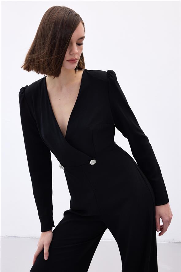 Kruvaze Süs Taşlı Krep Tulum - SİYAH