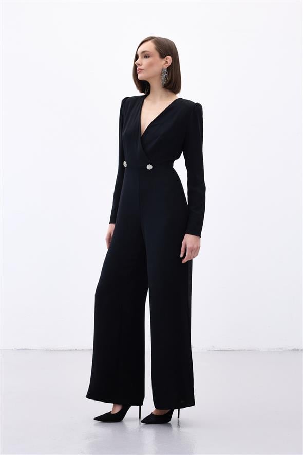 Kruvaze Süs Taşlı Krep Tulum - SİYAH