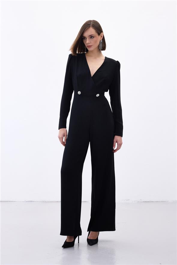 Kruvaze Süs Taşlı Krep Tulum - SİYAH