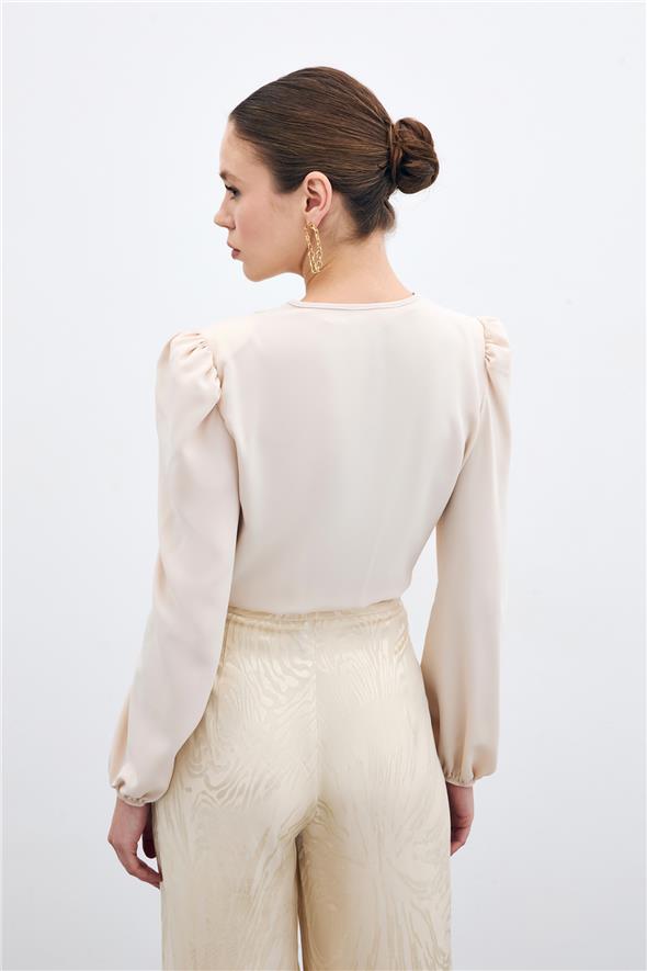 Kruvaze Vatkalı Bodysuit - Bej