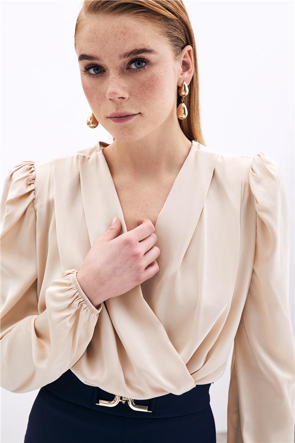 Kruvaze Vatkalı Bodysuit - Bej