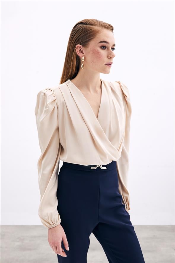 Kruvaze Vatkalı Bodysuit - Bej