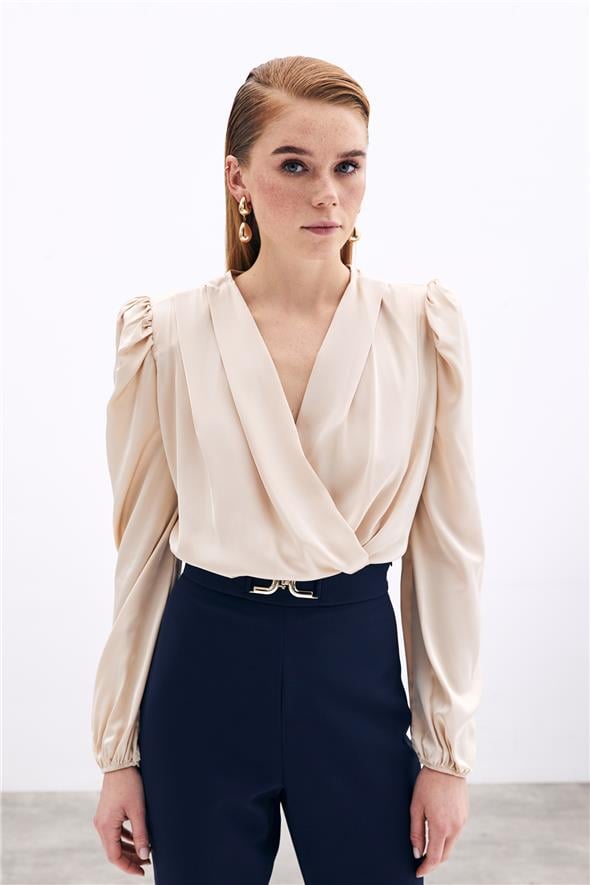 Kruvaze Vatkalı Bodysuit - Bej