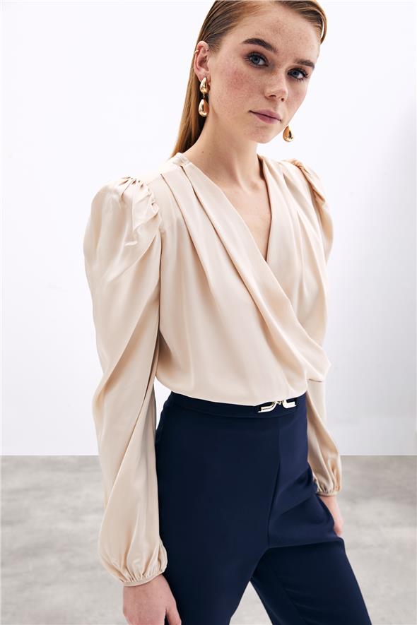 Kruvaze Vatkalı Bodysuit - Bej