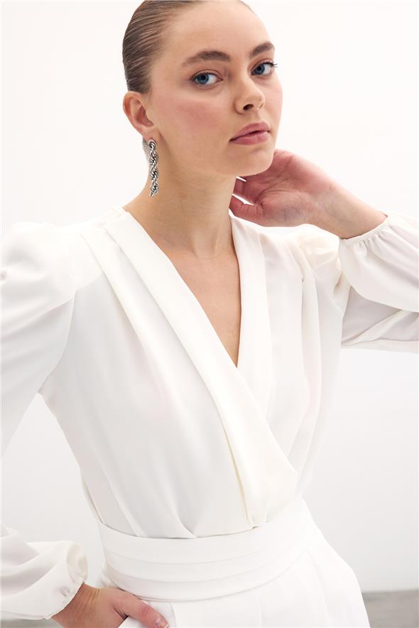 Kruvaze Vatkalı Bodysuit - Ekru