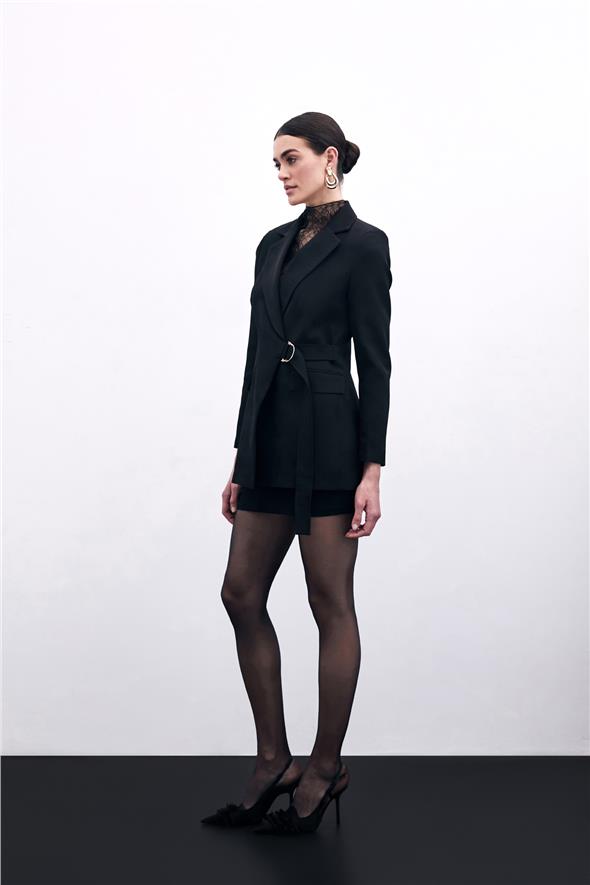 Kruvaze Yakalı Uzun Ceket - Siyah