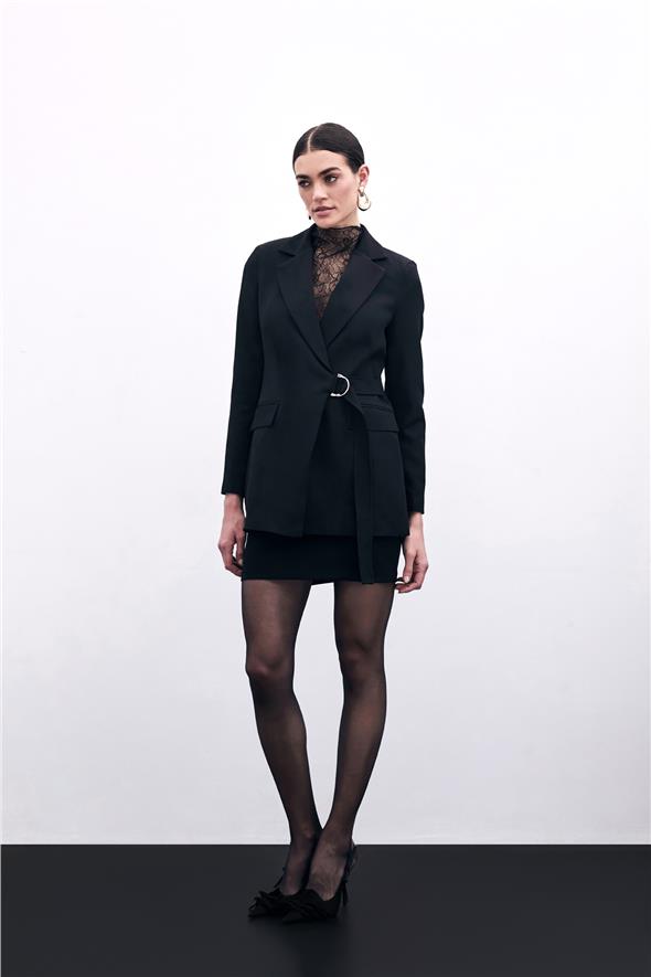 Kruvaze Yakalı Uzun Ceket - Siyah