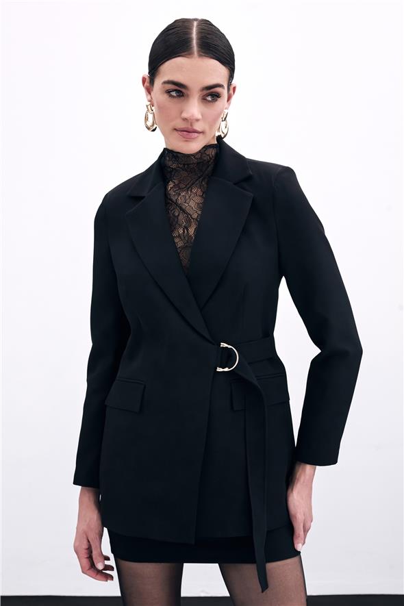 Kruvaze Yakalı Uzun Ceket - Siyah