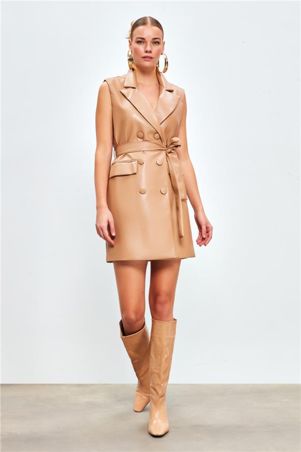 Kuşaklı Deri Yelek Elbise - Fındık