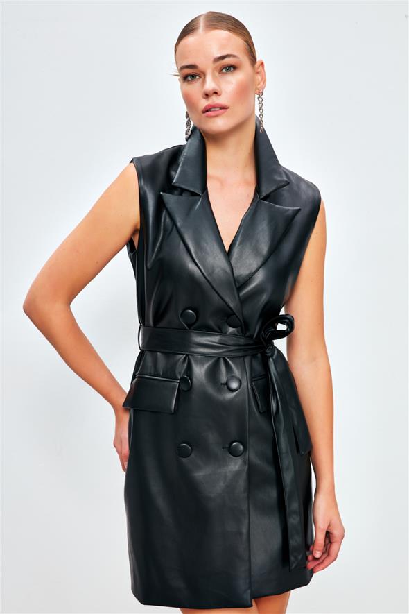 Kuşaklı Deri Yelek Elbise - Siyah