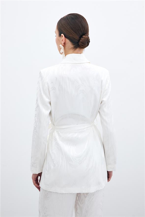 Kuşaklı Desenli Uzun Ceket - Ekru