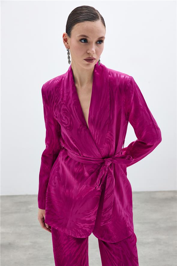 Kuşaklı Desenli Uzun Ceket - Fuşya