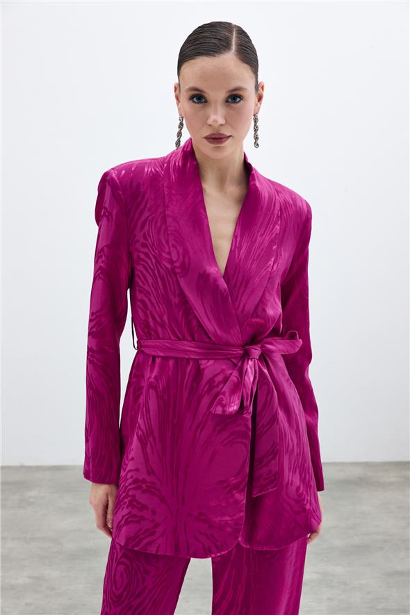 Kuşaklı Desenli Uzun Ceket - Fuşya