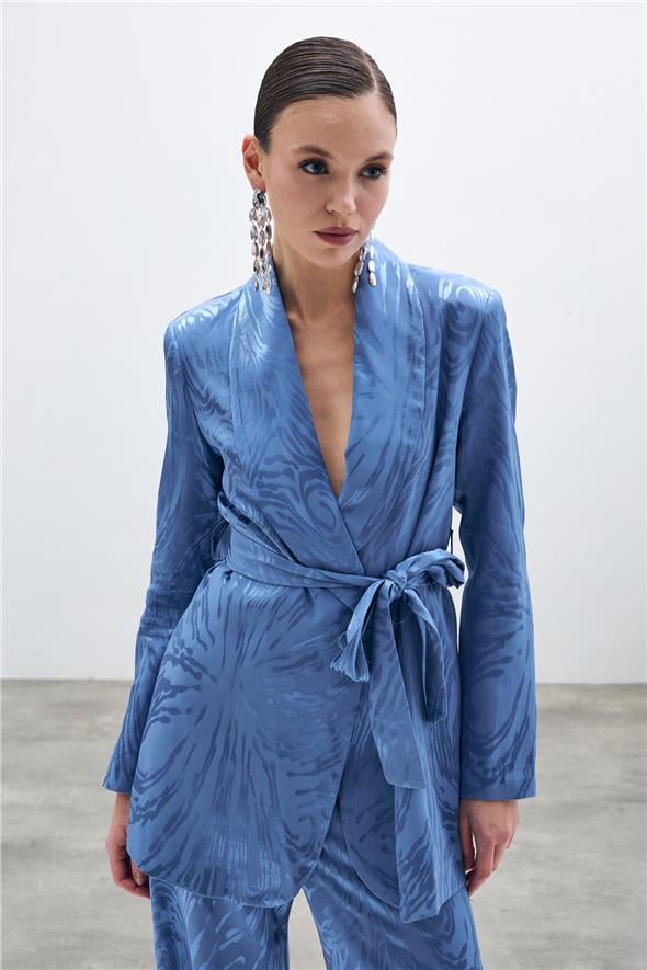 Kuşaklı Desenli Uzun Ceket - İndigo