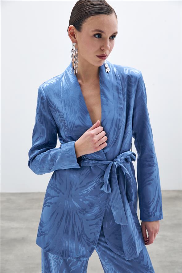 Kuşaklı Desenli Uzun Ceket - İndigo