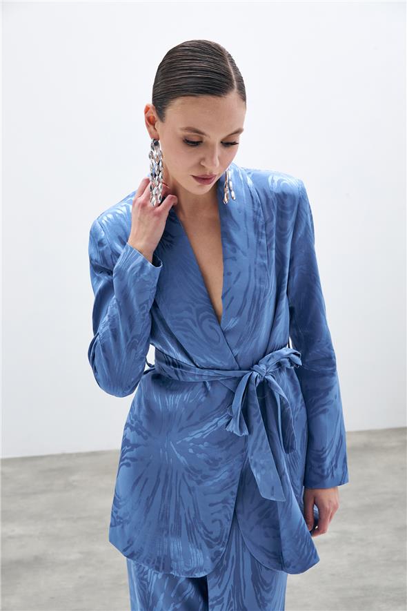 Kuşaklı Desenli Uzun Ceket - İndigo