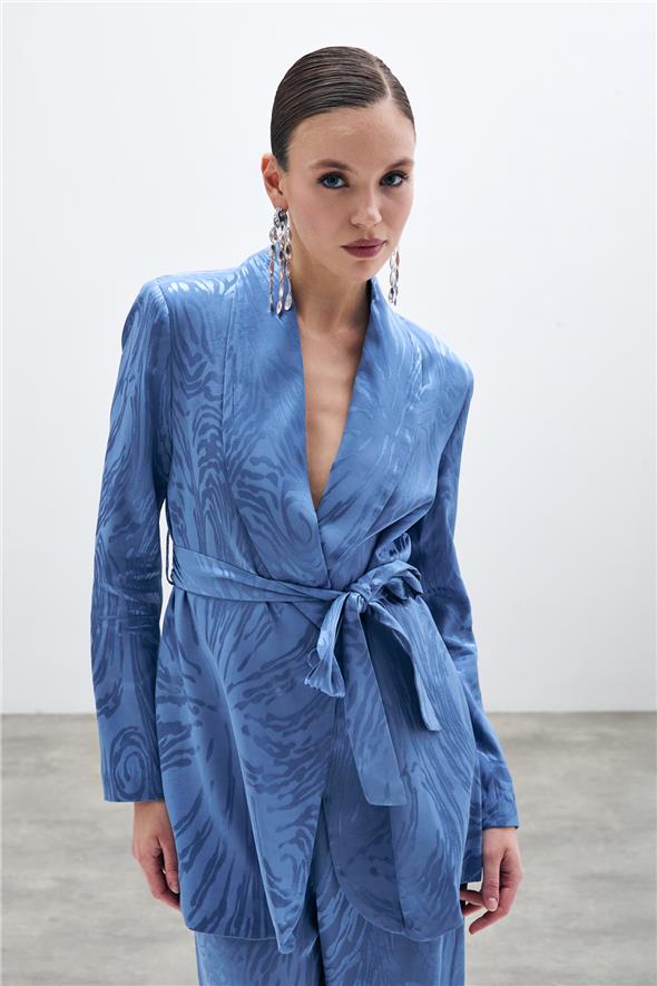 Kuşaklı Desenli Uzun Ceket - İndigo