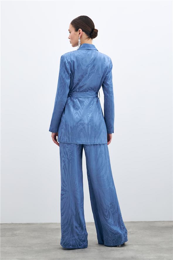 Kuşaklı Desenli Uzun Ceket - İndigo