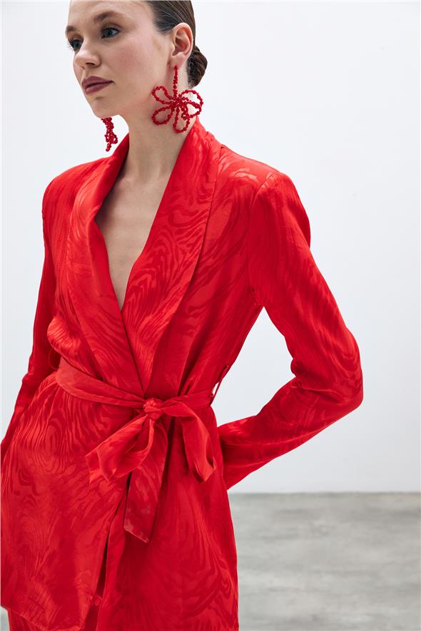 Kuşaklı Desenli Uzun Ceket - Kırmızı