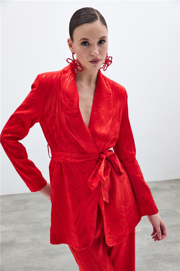 Kuşaklı Desenli Uzun Ceket - Kırmızı