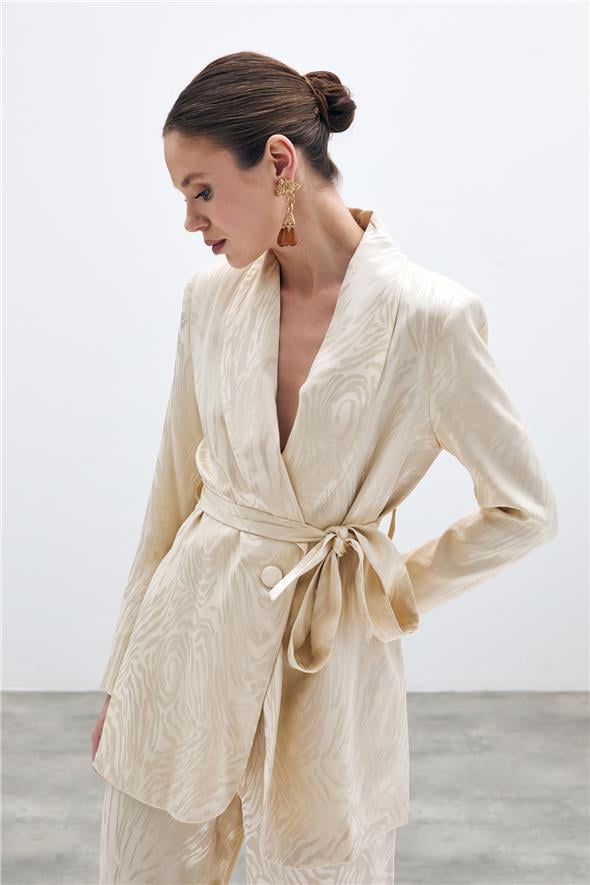 Kuşaklı Desenli Uzun Ceket - Taş