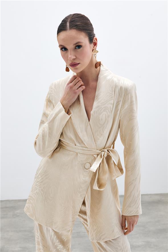 Kuşaklı Desenli Uzun Ceket - Taş