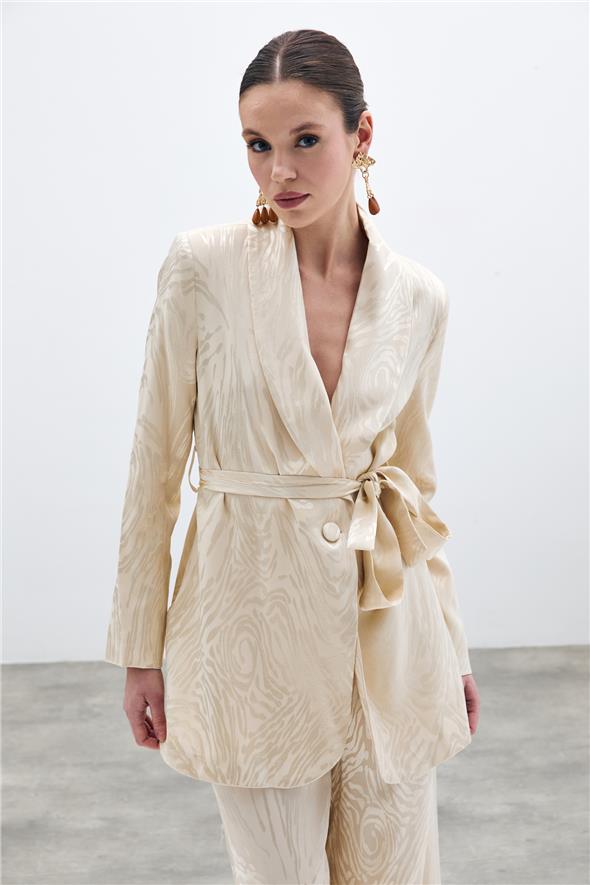 Kuşaklı Desenli Uzun Ceket - Taş