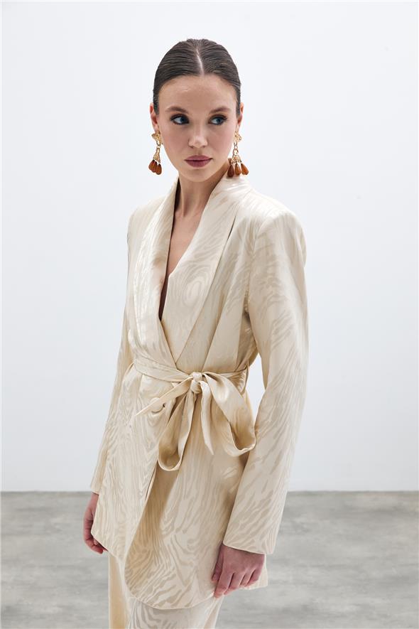 Kuşaklı Desenli Uzun Ceket - Taş