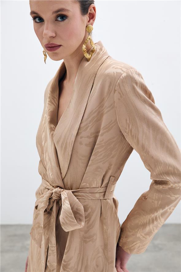 Kuşaklı Desenli Uzun Ceket - Vizon