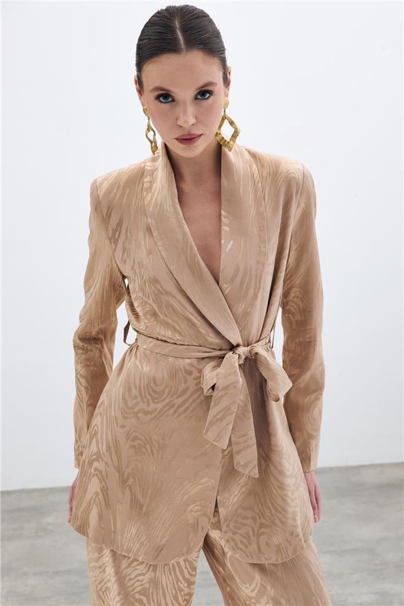 Kuşaklı Desenli Uzun Ceket - Vizon