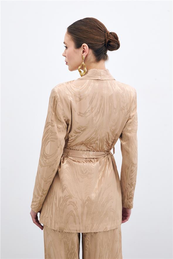 Kuşaklı Desenli Uzun Ceket - Vizon