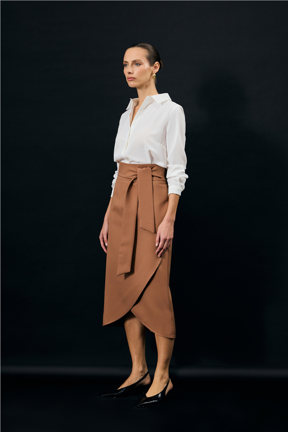 Kuşaklı Kalem Etek - Camel