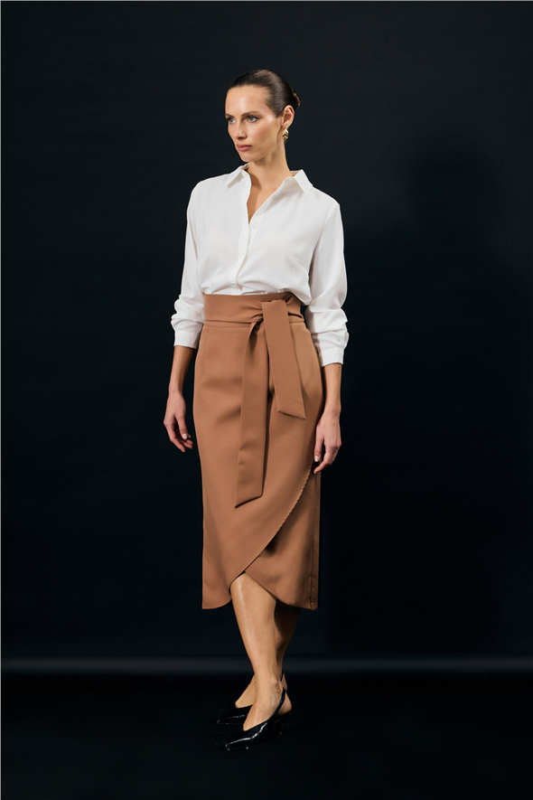 Kuşaklı Kalem Etek - Camel