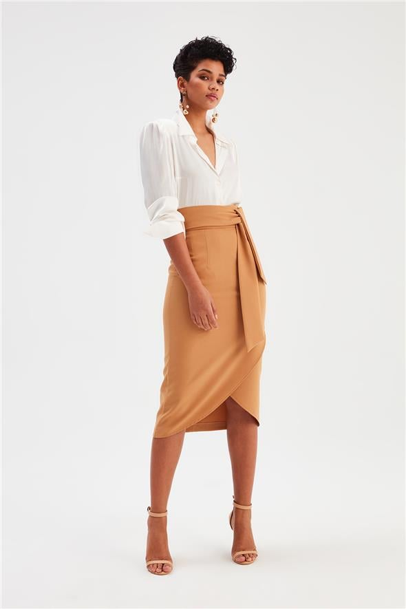 Kuşaklı Kalem Etek - Camel