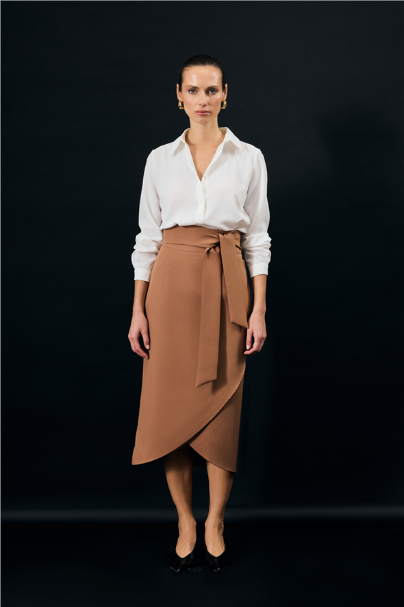 Kuşaklı Kalem Etek - Camel