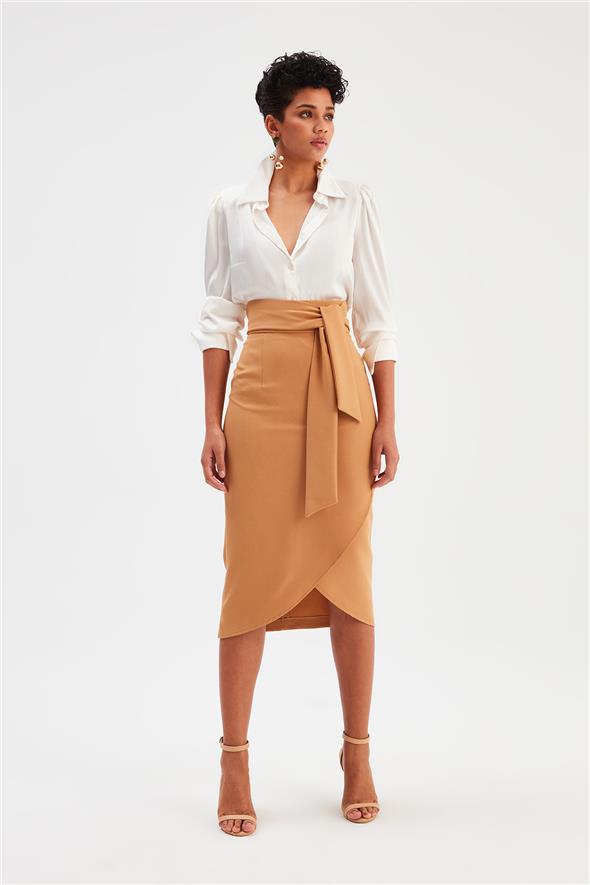 Kuşaklı Kalem Etek - Camel