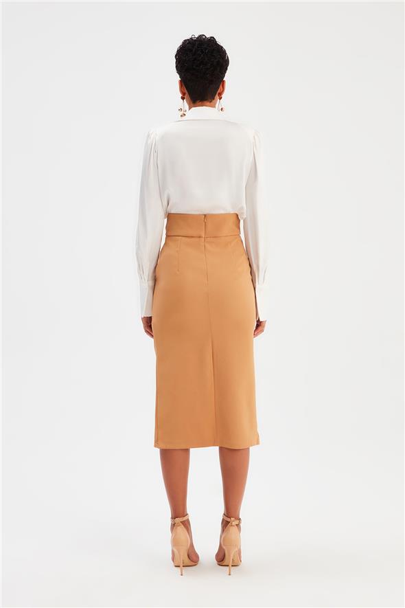 Kuşaklı Kalem Etek - Camel