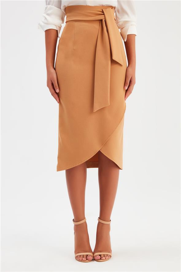 Kuşaklı Kalem Etek - Camel