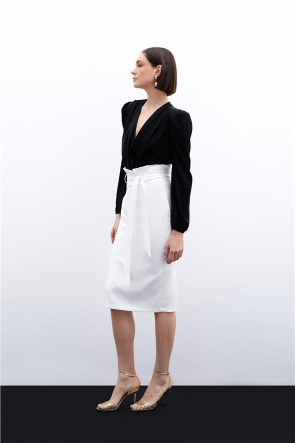 Kuşaklı Kalem Etek - Ekru