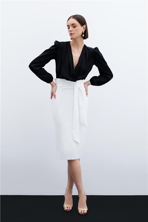 Kuşaklı Kalem Etek - Ekru