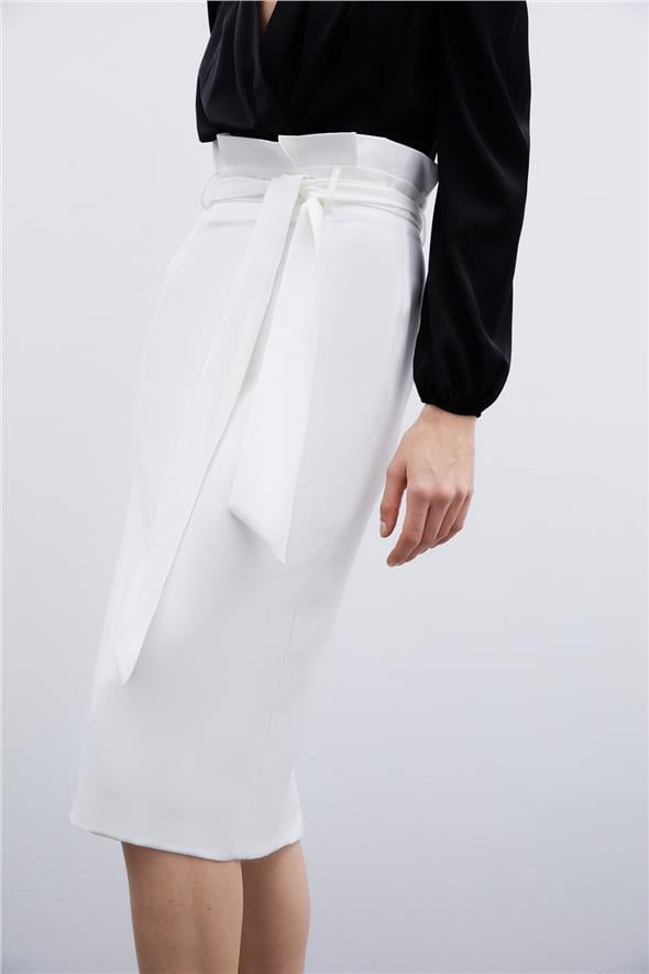 Kuşaklı Kalem Etek - Ekru