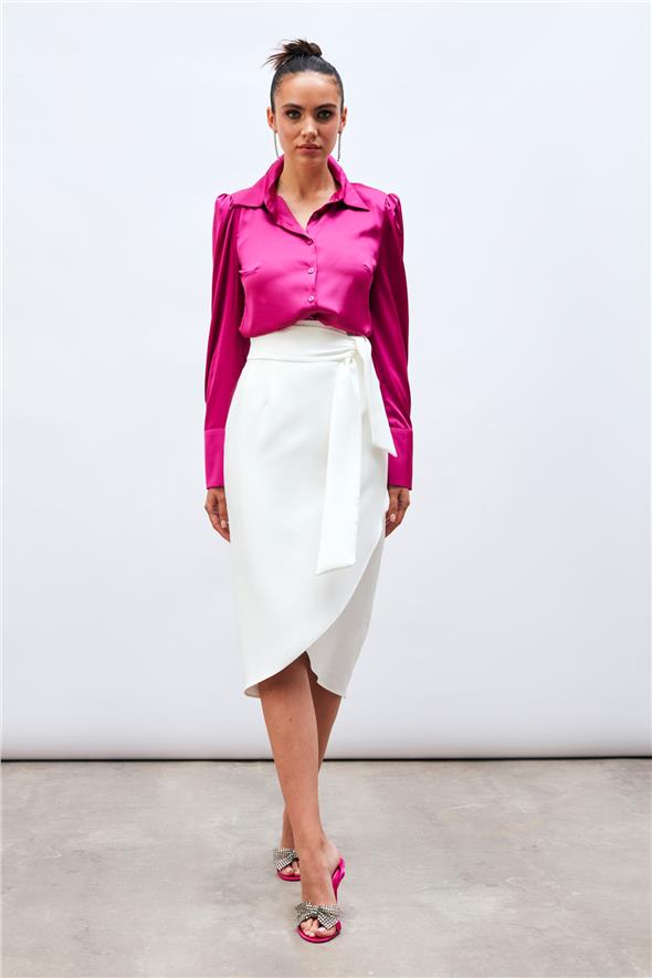 Kuşaklı Kalem Etek - Ekru