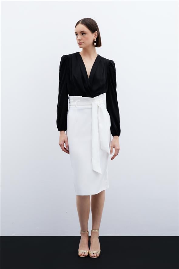 Kuşaklı Kalem Etek - Ekru