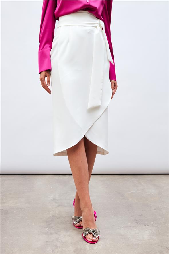 Kuşaklı Kalem Etek - Ekru