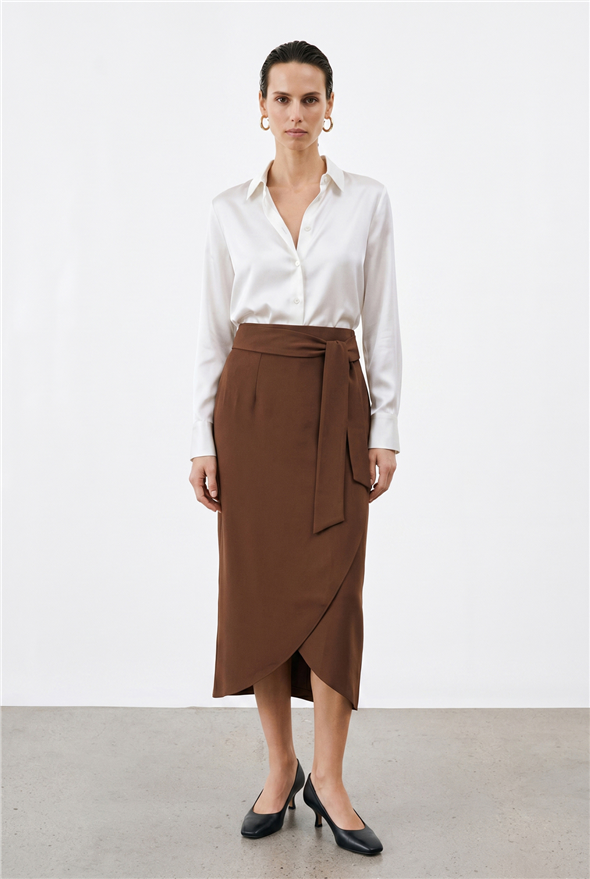 Kuşaklı Kalem Etek - Kahve