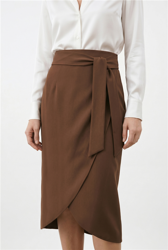 Kuşaklı Kalem Etek - Kahve