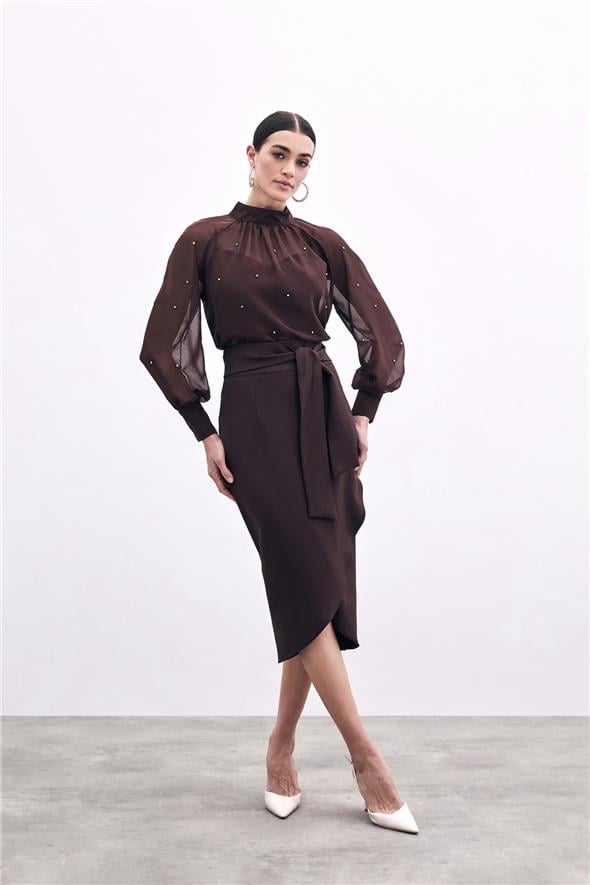 Kuşaklı Kalem Etek - Kahve