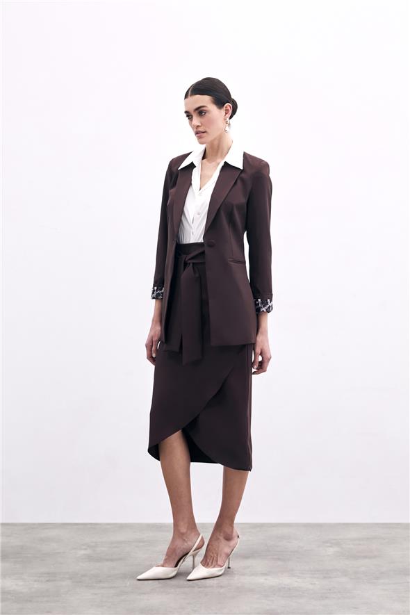 Kuşaklı Kalem Etek - Kahve