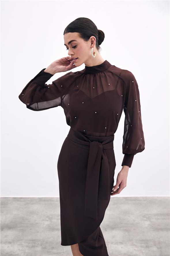 Kuşaklı Kalem Etek - Kahve